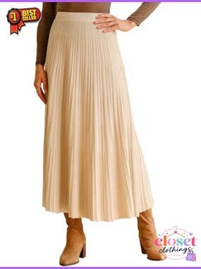Wool Blend A-Line Pleated Flowy Long Skirt High Rise Calf Length